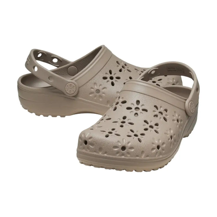CROCS Classic Floral Cut Out Clog Slipper Taupe 210927-214