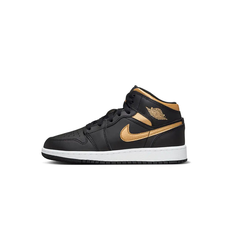 JORDAN Air Jordan 1 Mid Black Metallic Gold Swoosh (Gs) DQ8423-071