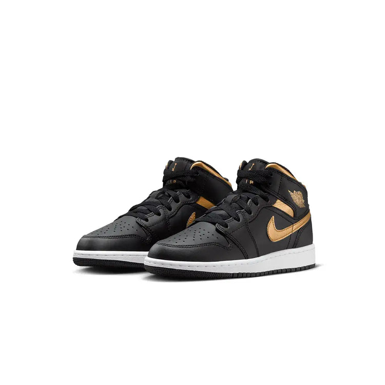 JORDAN Air Jordan 1 Mid Black Metallic Gold Swoosh (Gs) DQ8423-071