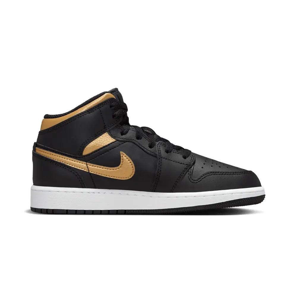 JORDAN Air Jordan 1 Mid Black Metallic Gold Swoosh (Gs) DQ8423-071