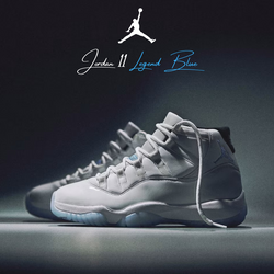 A pair of Air Jordan 11 "Legend Blue" sneakers displayed in a dramatic spotlight against a dark background, highlighting their sleek white upper, icy blue sole, and iconic Jumpman logo, with elegant branding text above.