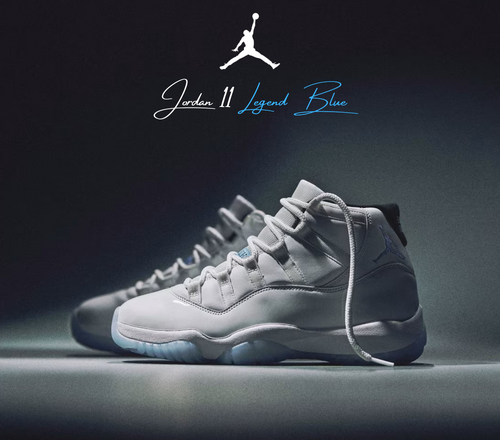 A pair of Air Jordan 11 "Legend Blue" sneakers displayed in a dramatic spotlight against a dark background, highlighting their sleek white upper, icy blue sole, and iconic Jumpman logo, with elegant branding text above.