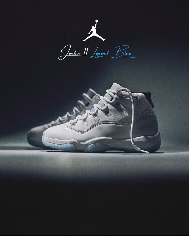 A pair of Air Jordan 11 "Legend Blue" sneakers showcased under dramatic lighting, highlighting the icy blue sole and clean white upper, with the iconic Jumpman logo and stylish branding above.